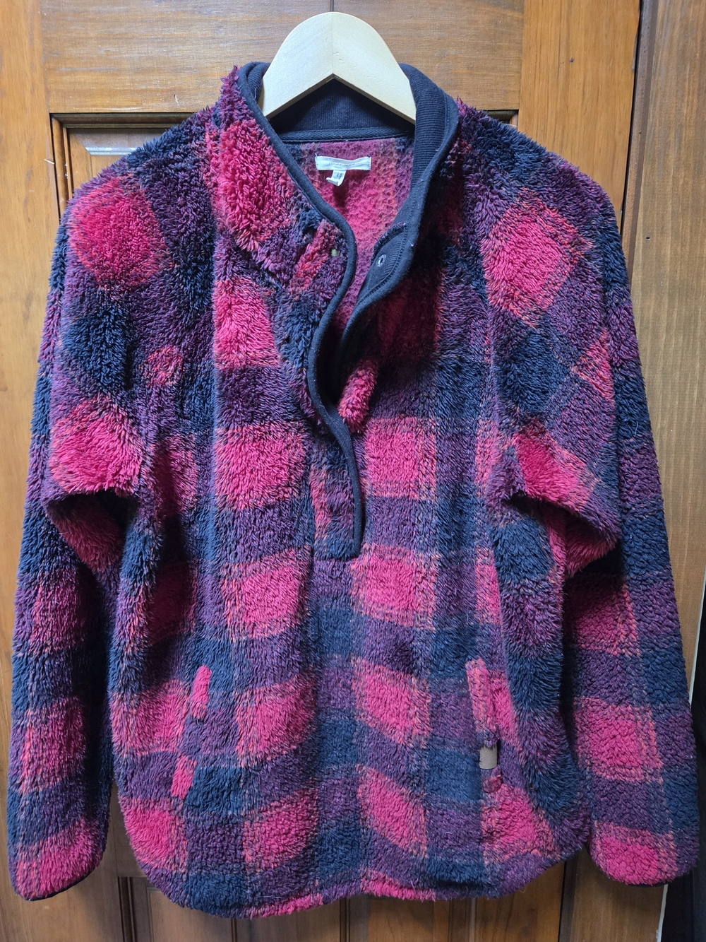 Maurices Red and Black Plush Snap-Front Funnelneck Pullover